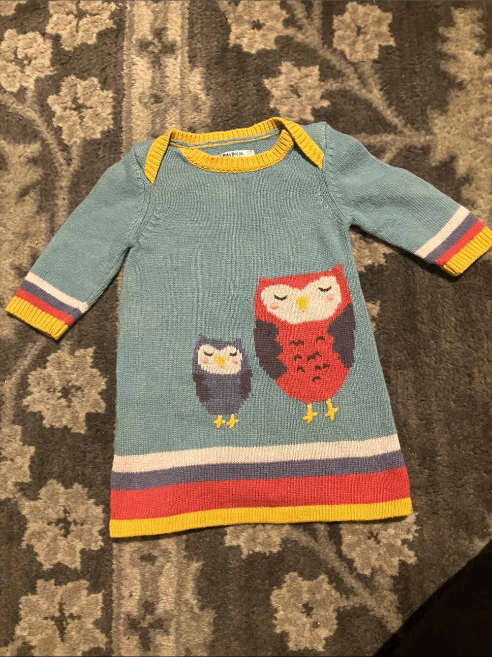 Mini Boden Light Blue Knit Dress Owl Motif Fall Winter Sz 3-6 Months